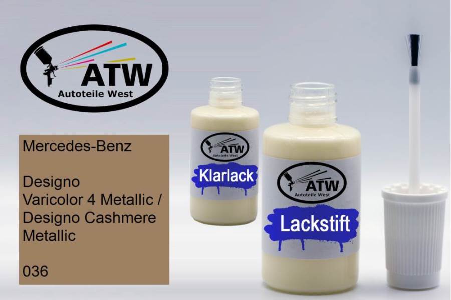 Mercedes-Benz, Designo Varicolor 4 Metallic / Designo Cashmere Metallic, 036: 20ml Lackstift + 20ml Klarlack - Set, von ATW Autoteile West.